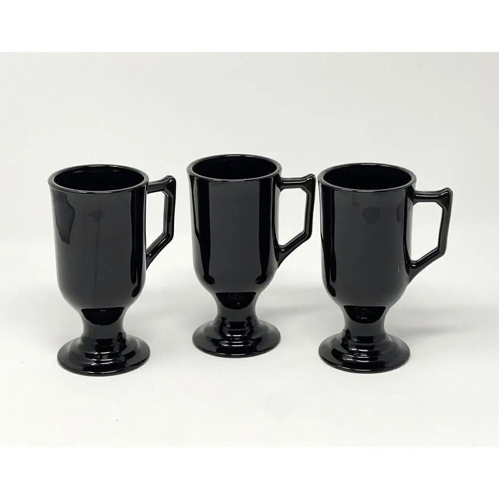 Indiana Glass Continental Black Ebony Irish Coffee Mugs Cups 5.5” Set Of 3